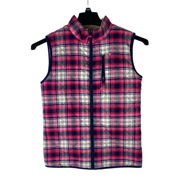 Vineyard Vines Girls Size Large Reversible Plaid Quilted Flannel Sherpa Vest